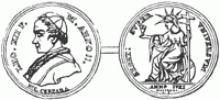 M�daille du  pape L�on XII � son image (� gauche) - �glise de Rome symbolis�e par une femme (� droite).