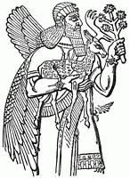 Divinit� Assyriens portant dans ses bras un faon ou un daim fauve tachet�.