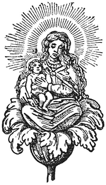 La Vierge et l'Enfant assis dans une tulipe en forme de coupe.