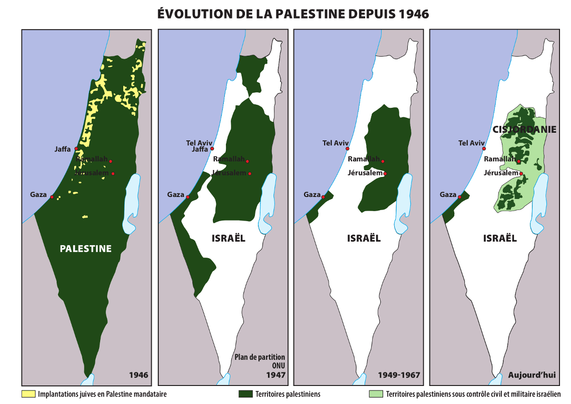 Évolution de la Palestine depuis 1946 subtilisé par Israël illégalement